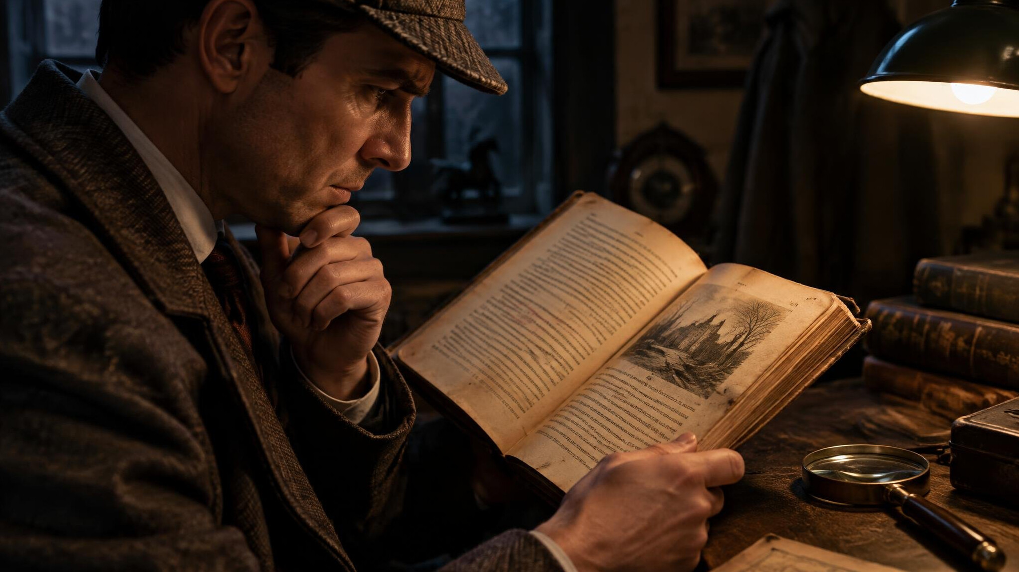 detective reading old book