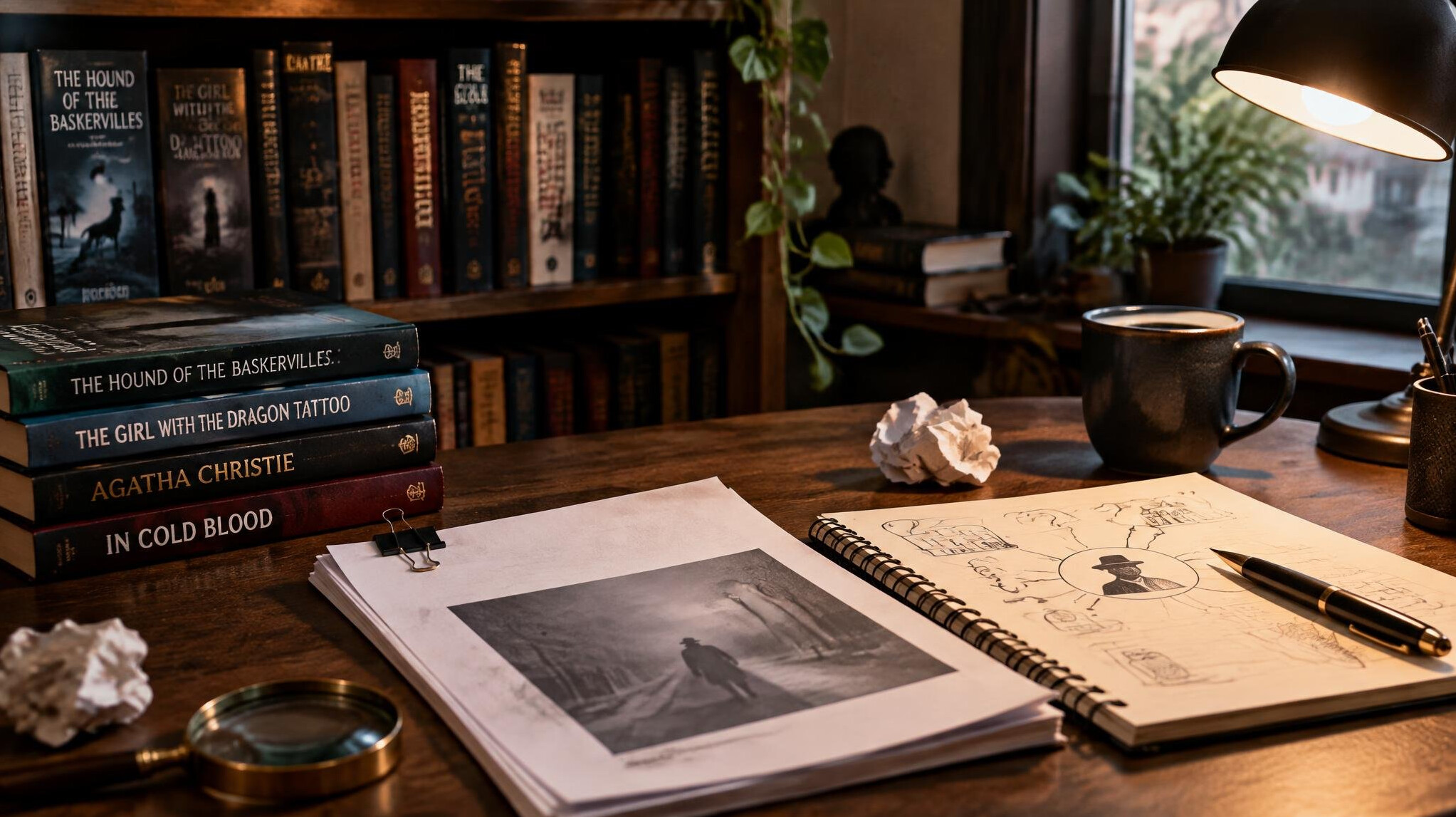 bookshelf with mystery novels