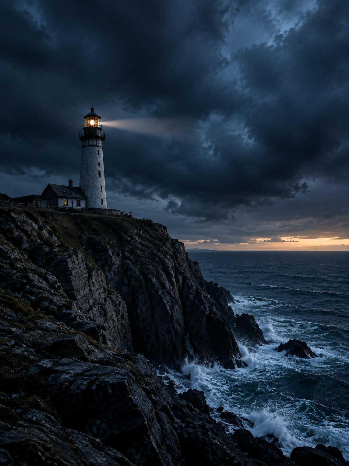 Lighthouse silhouette on a cliff at dusk