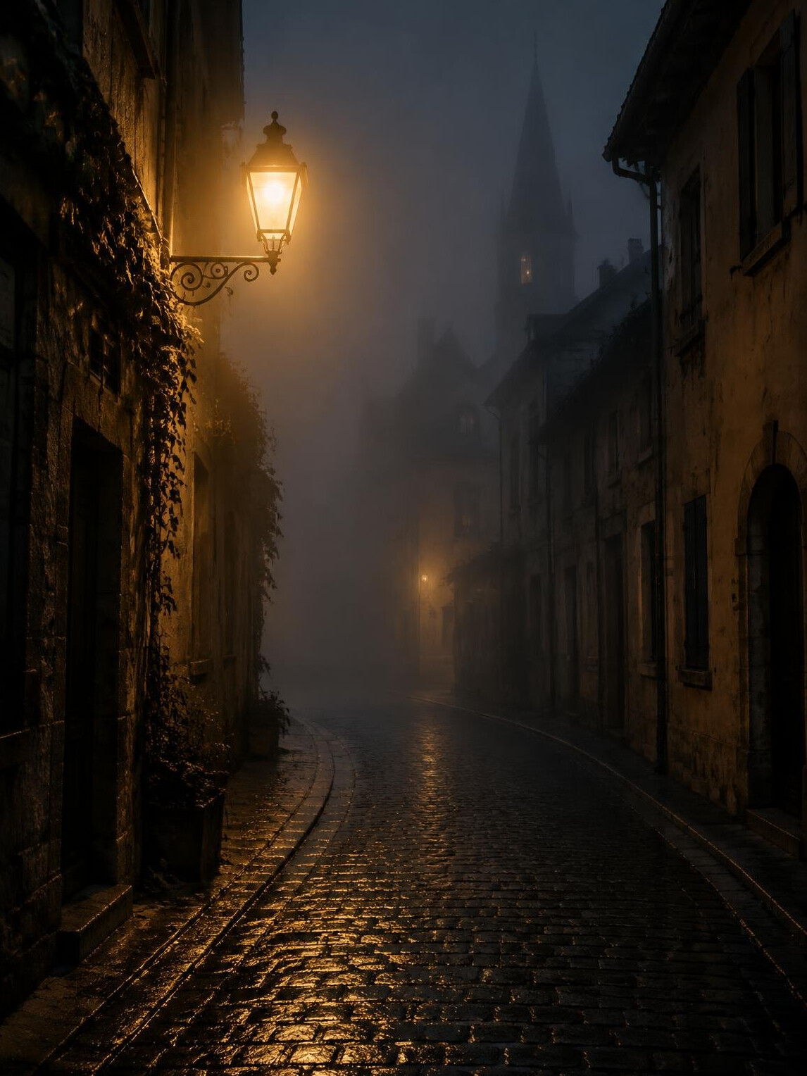 Foggy narrow street at night with a single lit lamp