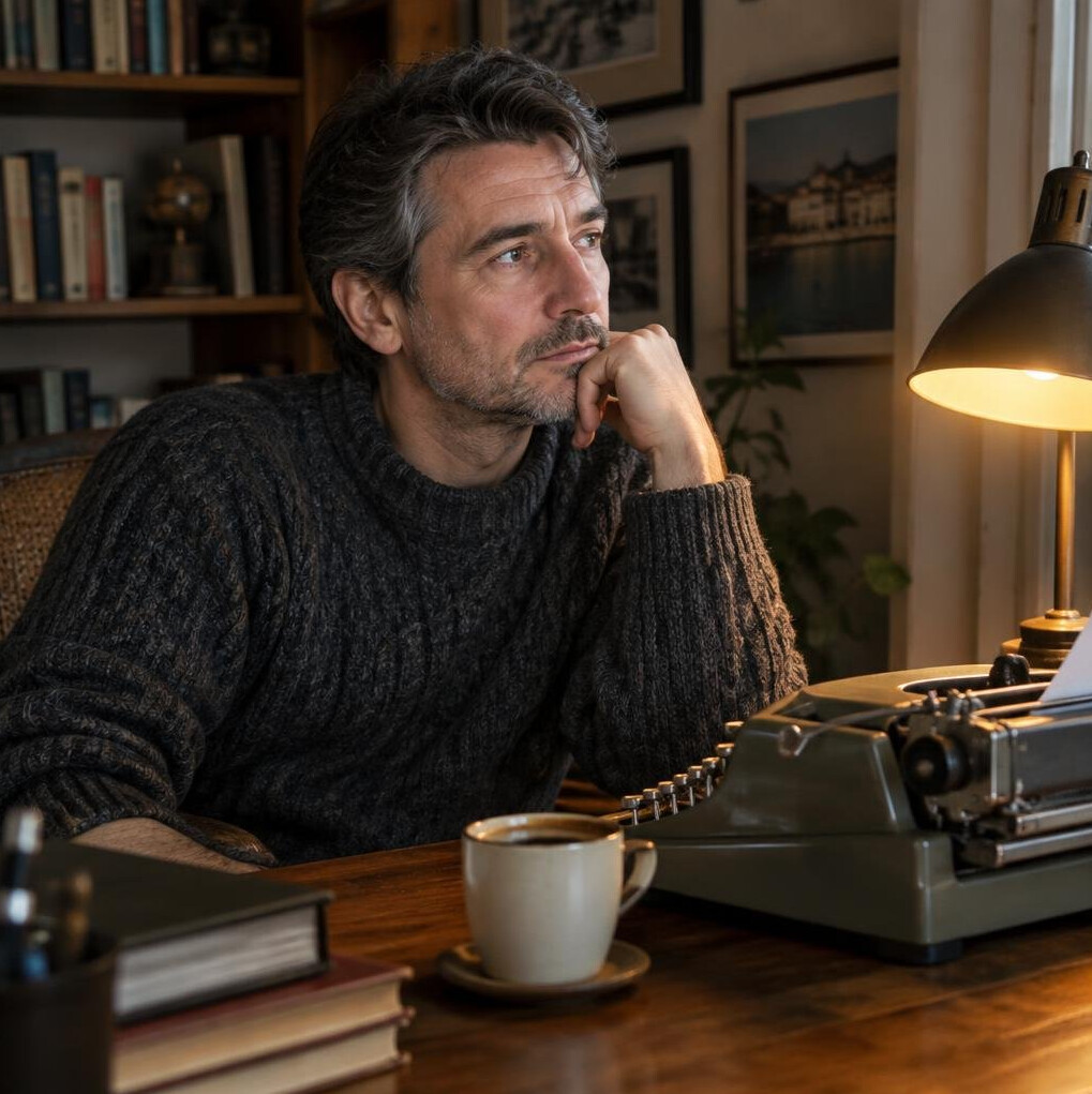 Croatian man in his forties writing at a wooden desk with a typewriter