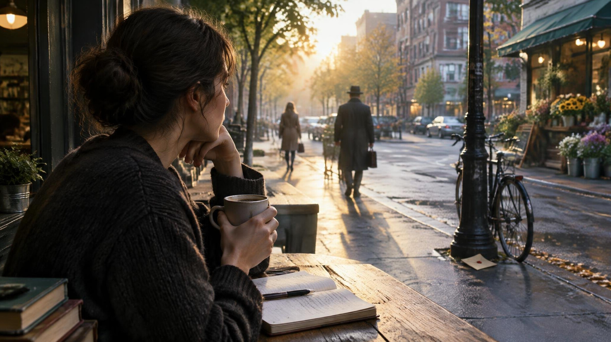 writer observing morning street