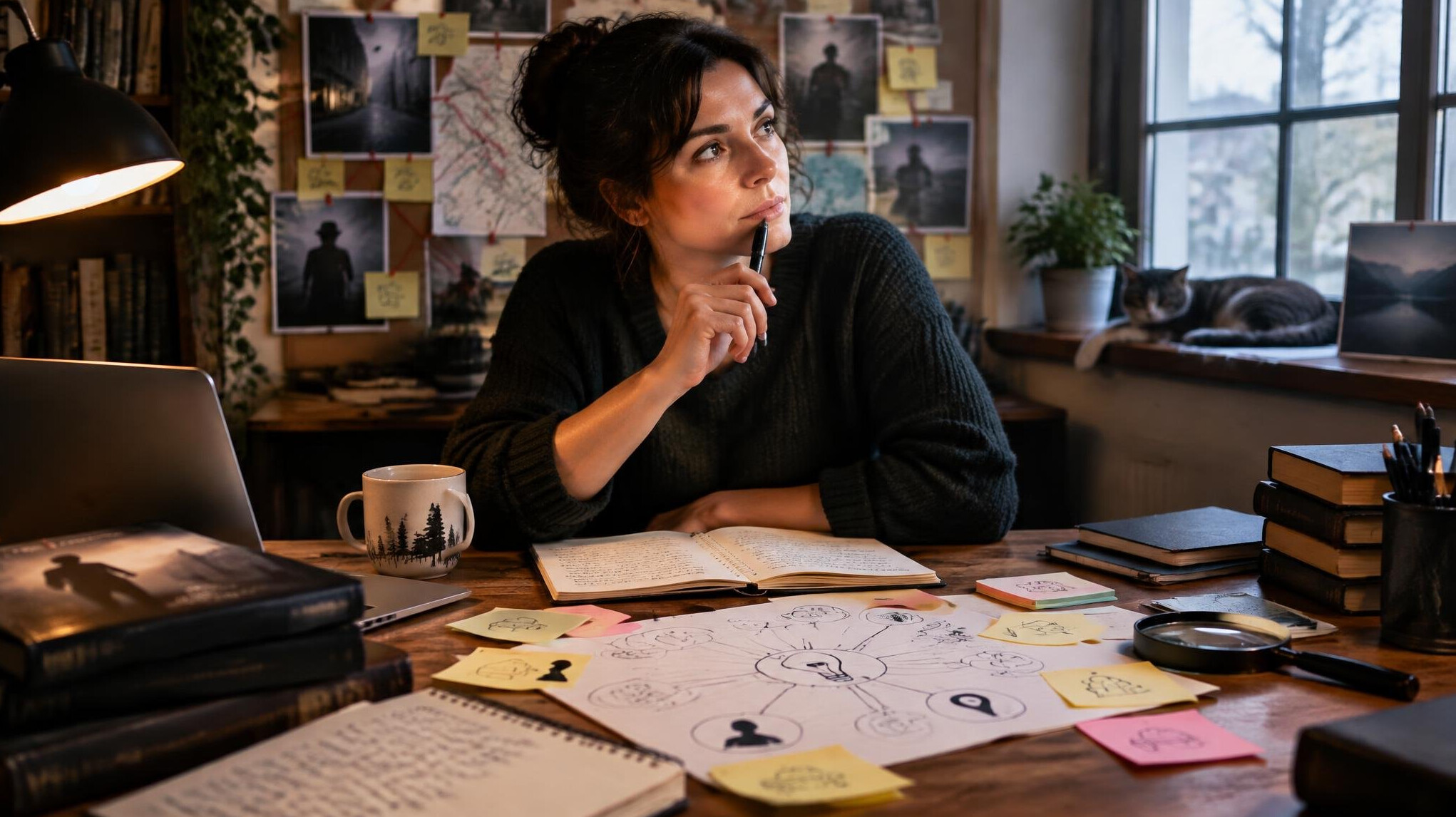 writer at desk with notes